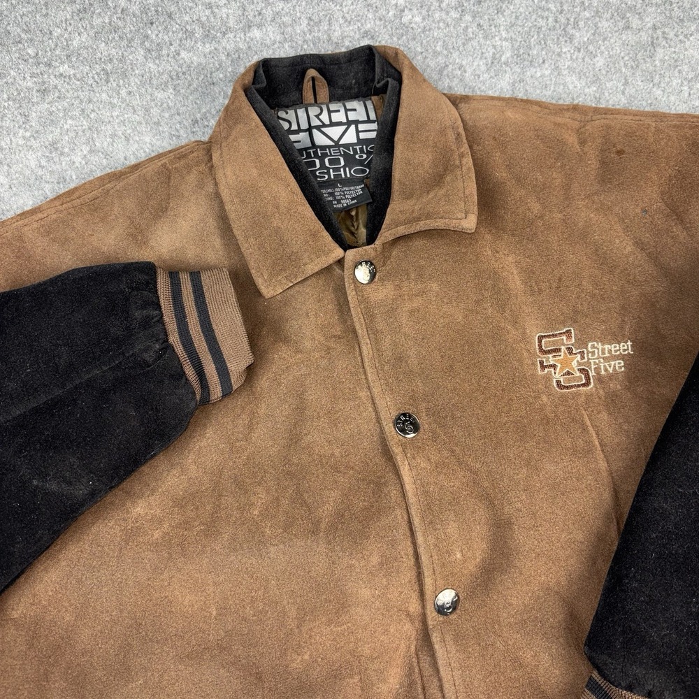 VTG Street Five‎ Faux Suede Varsity Bomber Jacket Mens Large Brown  Quilted Logo